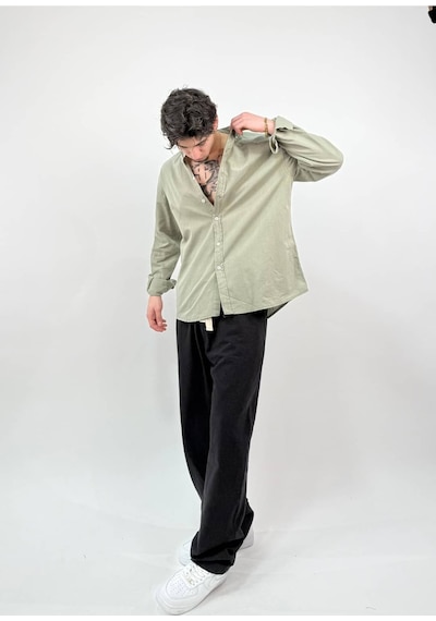 Zaee Oversize Dökümlü Keten Gömlek Haki Yeşil