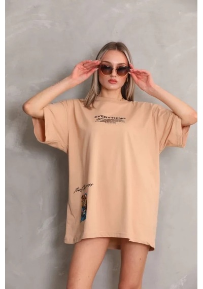 Ge Ticaret Unisex Bisiklet Yaka Baskılı Oversize T-shirt - Bej Bej