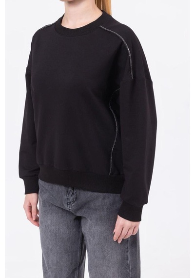 Kız Çocuk Sim Şeritli Taşlı Yarasakol Sweatshirt-13468 Siyah