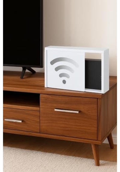 Ahşap Modem Saklama Kutusu Dekoratif Wifi Saklama Kutusu Demonte 35 X 40 Cm Sürgülü Kapak Wi-fi Desenli Açık Bej