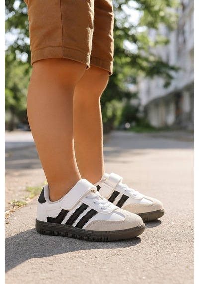 Günlük Unisex Çocuk Sneaker Bağcıklı Hafif Kaymaz Taban Ayakkabı Beyaz - Siyah