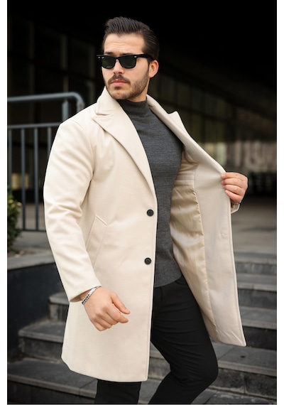 Slim Fit Astarlı Uzun Kaşe Kaban Krem