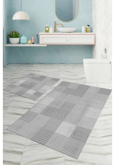 Buççin Online Mağaza Dijital Baskılı Yıkanabilir Kaymaz Taban Kilim Görünümlü Banyo Paspası Klozet Takımı Polyester Gri Çok Renkli