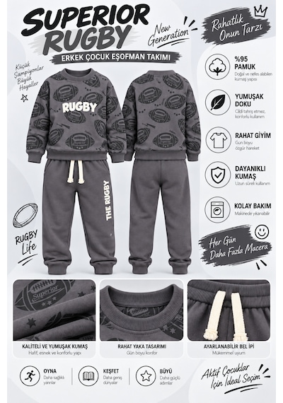 Ahengim Erkek Çocuk Rugby Topu Baskılı Pamuklu Sweatshirt Ve Pantolon Eşofman Takımı Ak119 Gri Ahengim Erkek Çocuk Rugby Topu Baskılı Pamuklu Sweatshirt Ve Pantolon Eşofman Takımı Ak119 Gri