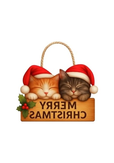 Ahşap Yılbaşı Kapı Süsü, Sevimli Kedili Tasarım 30x18 Cm