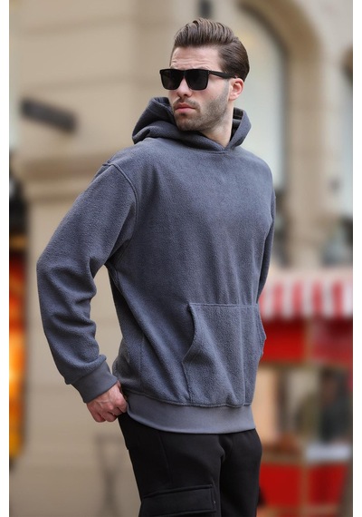 Madmext Füme Kapüşonlu Cep Detaylı Polar Erkek Sweatshirt 7093 Füme