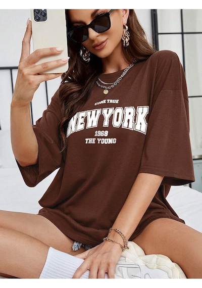 True New York T-shirt - Kahverengi Baskılı Oversize Bisiklet Yaka Kısa Kol Tişört Kahverengi True New York T-shirt - Kahverengi Baskılı Oversize Bisiklet Yaka Kısa Kol Tişört Kahverengi