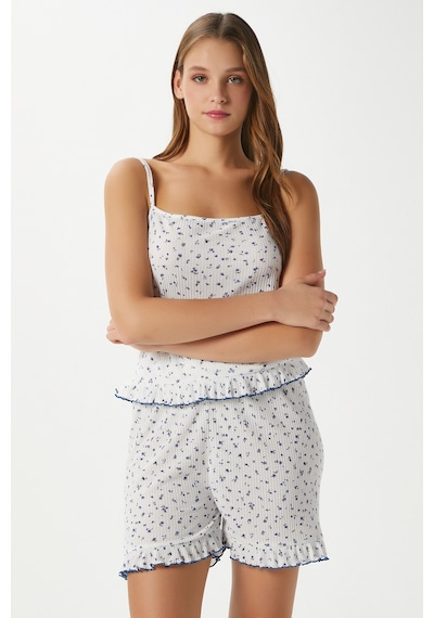 Ritnice Kadın Paula Askılı Mavi Fırfır Şortlu Pijama Takımı Mavibeyaz