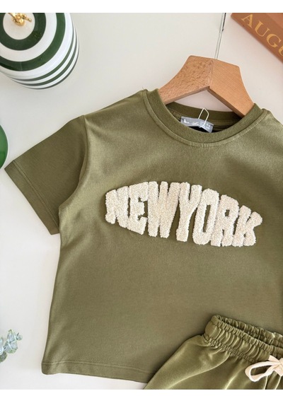 Magu Erkek Çocuk Pamuklu Yeşil New York Yazı Aplikeli T-shirt Şort Takım