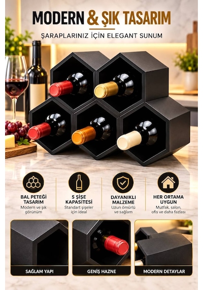 Siyah Modern Şarap Stand 5 Hazneli Şık Tasarım Şarap Şişe Organizer Stand