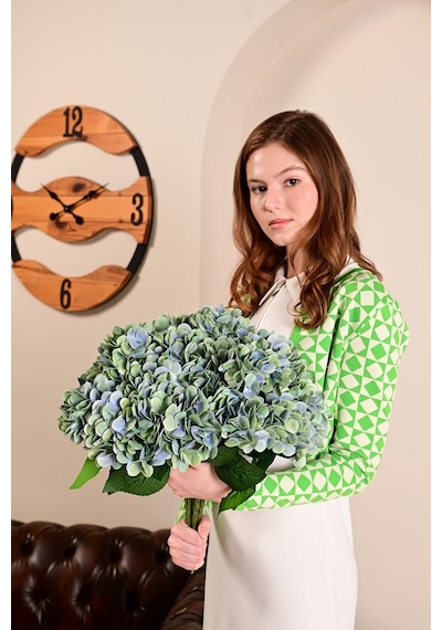 Yeşil Yapay Ortanca Çiçeği 5 Dallı Premium Canlı Islak Dokulu 42 Cm