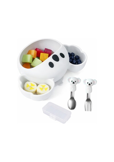 Koala Figürlü Açık Gri Premium Çocuk Bpa Free Silikon Saplı Paslanmaz Çelik Uçlu Çatal-kaşık, 9+ Ay