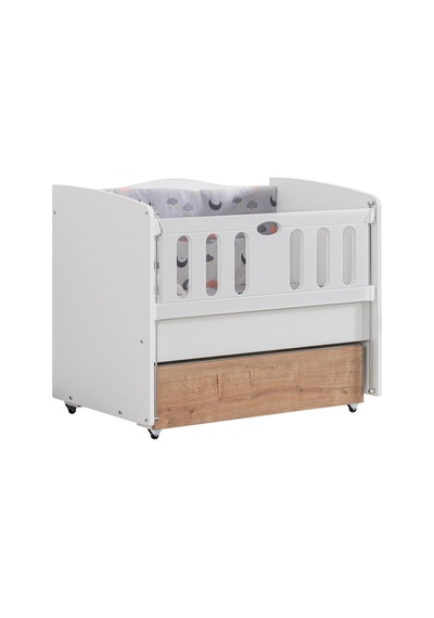 Beşik, Mini Çekmeceli Korkuluklu Sallanan Beşik 60x100 Cm - Beyaz Ceviz Çok Renkli