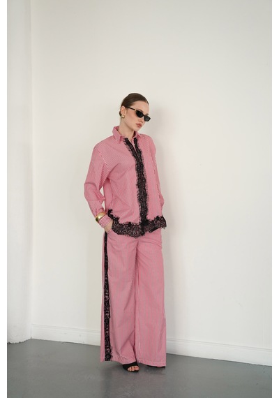 Verymoda Dantel Detaylı Çizgili Pantolon F2083 Bordo