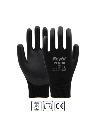 Pfn110 Polyester Örgü Üzeri ½ Köpük Nitril Kaplı Eldiven Siyah