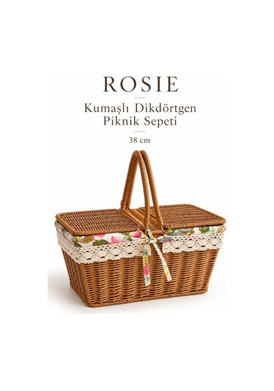 Rosıe Çiçek Desen Kumaşlı Dikdörtgen Piknik Sepeti 38 Cm Karışık