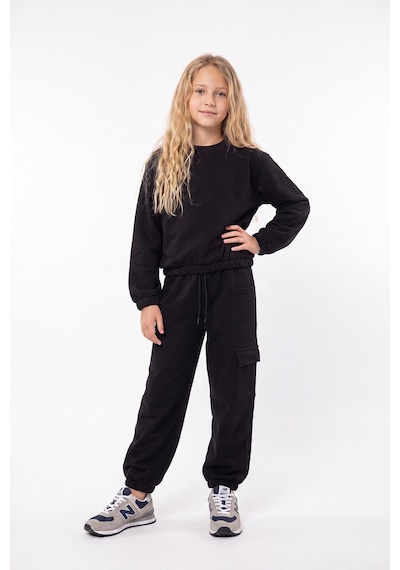 Fyk Kids 3 İplik Kız Çocuk Düz Kısa Bel Sweatshirt Bisiklet Yaka Eşofman Takımı Siyah
