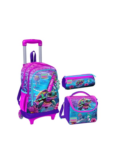 Coral High Pembe Mor Kaplumbağa Üçlü Çekçek Işıklı Tekerlekli Çanta Seti - Kız Çocuk