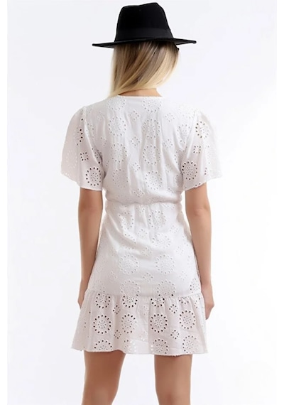 Defymoda Kadın Pamuklu Kumaş Astarlı Elbise Beyaz