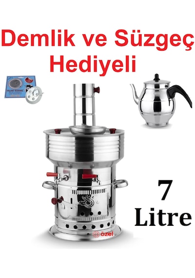 Paslanmaz Metal Odunlu Kömürlü Çay Semaveri Büyük Çift Musluklu Odunlu Kömürlü Semaver 7 Lt.