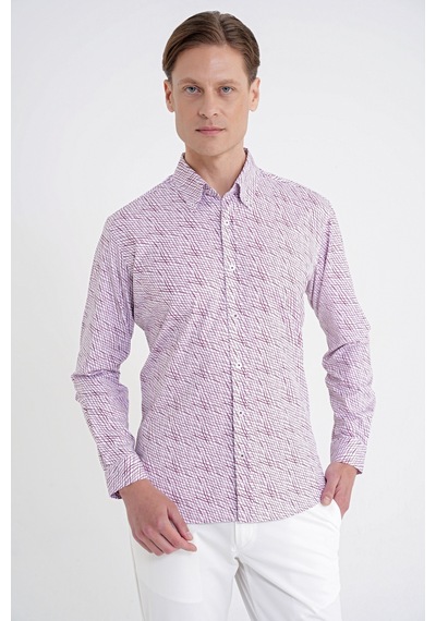 Slim Fit Pamuklu Baskılı Desen Yaka Düğmeli Bordo Gömlek G 1603