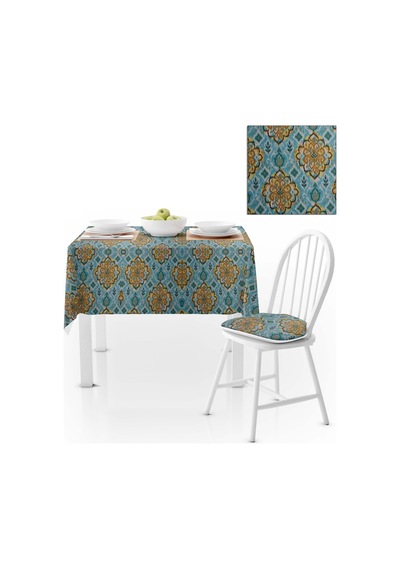 Damask Desenli Hardal Mavi Dijital Baskılı Süet Dokuma Masa Örtüsü 140x220