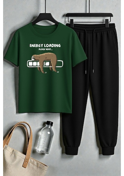 Uyguntarz Unisex Energy Loading Tasarım Baskılı Tişört - 2'li Eşofman Takımı Yeşil