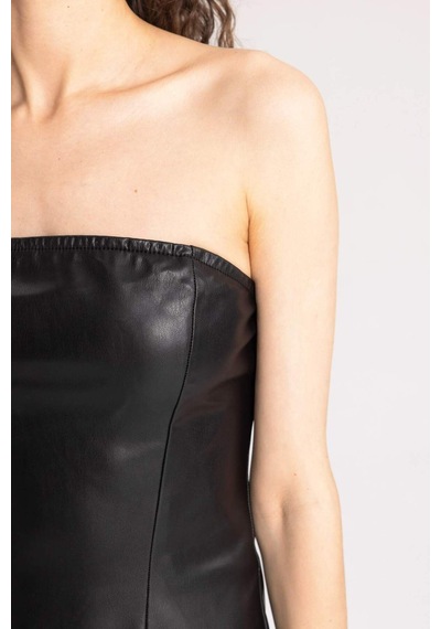 DeFacto Bodycon Vücudu Saran Straplez Basic Düz Yırtmaçlı Suni Deri Midi Elbise C2284AX24SPBK27