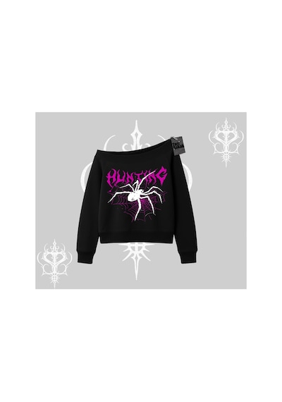Tarzsokak Beyaz Kayık Yaka Sweatshirt Autumn Spider Siyah