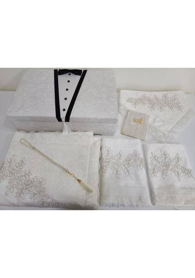 Lamazihome Kadife 7 Parça Krem Damat Güpür Sandıklı Seccade Seti