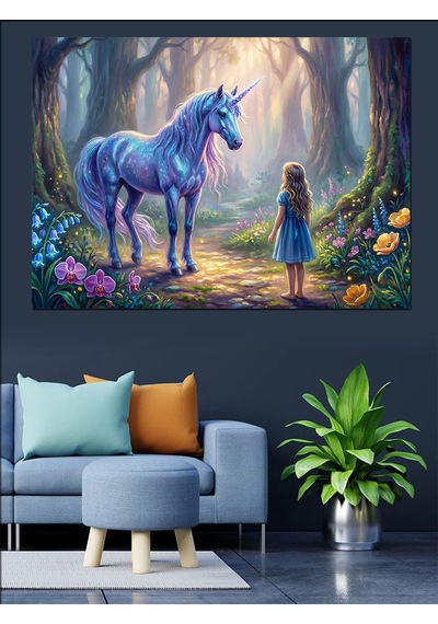 Ahşap Tablo Büyülü Ormanda Unicorn Ve Kız İnsan Figürlü Tablolar