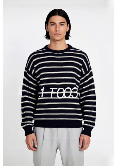 Ersefa Unisex Basic Bisiklet Yaka Çizgili Triko Kazak Modern Ve Rahat Kı Lacivert
