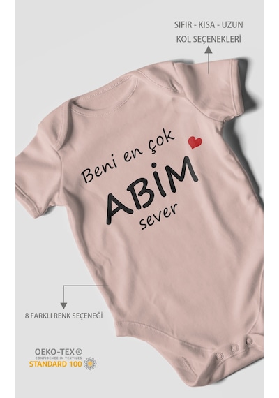 Beni En Çok Abim Sever Baskılı Bebek Zıbını Çıtçıtlı Body %100 Pamuk Kısa Kol Pastel Pembe