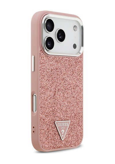 Apple Uyumlu iPhone 17 Pro  Kılıf Guess Lisanslı M-safeli Metal Kamera Çerçeveli Üçgen Logolu Glitter Pembe Pembe