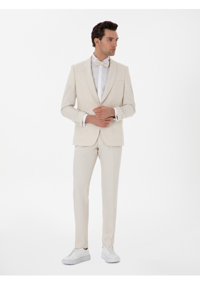 Cacharel Ekru Slim Fit Şal Yaka Smokin Damatlık Bej Cacharel Ekru Slim Fit Şal Yaka Smokin Damatlık Bej