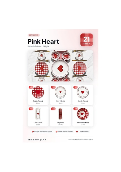 Tr Pınk Heart 21 Parça 6 Kişilik Lüx Kahvaltı Takımı, Kahvaltı Seti Genel