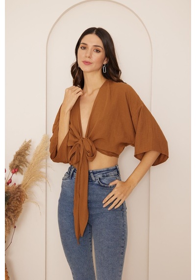 Darlin Moda Kahverengi Önden Bağlamalı Crop Kimono Dm7004 Kahverengi