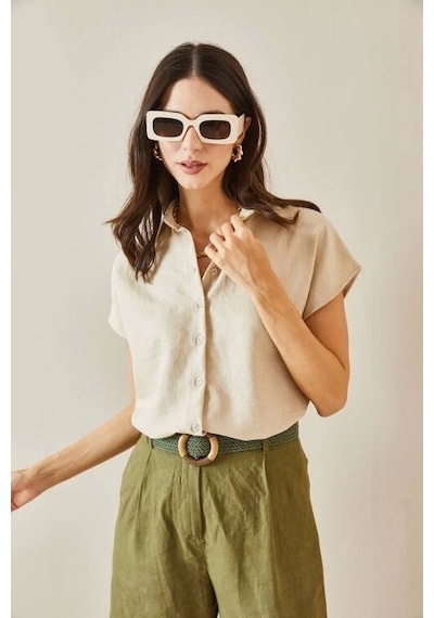 Defymoda Kadın Keten Kumaş Kısa Kollu Gömlek Bej