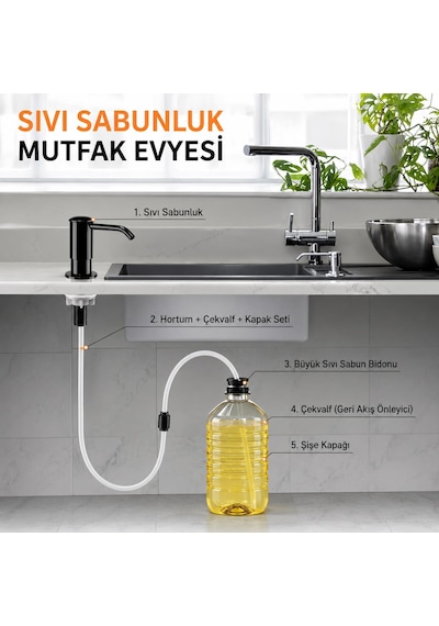 Valkyrie Ankastre Sıvı Sabunluk Mutfak Evyesi İçin Siyah Parlak Sabunluk Pompası Hortumlu Set Siyah