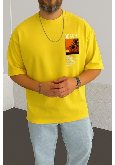 Beach Baskılı Oversize Unisex Tişört Sari