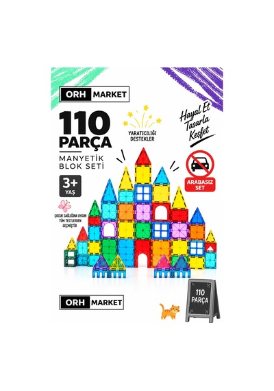 ORH Market 110 Parça 7.5 Cm Büyük Boy Manyetik Blok Seti Güçlü Mıknatıslı Zeka Geliştirici Eğitici Oyuncak