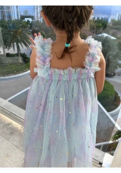 Askılı Elsa Lilamsı Mavi Koton Astarlı Tutu Yıldızlı Doğumgünü Elbisesi Mavi