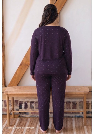Siyah İnci Mor Desenli Büyük Beden Battal Boy Düğmeli Viskon Örme Pijama Takım 26224866
