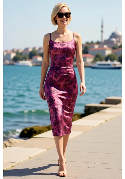 Benerly Kadın İnce Askılı Kare Yaka Çiçek Desenli Bodycon Midi Esnek Örme Mürdüm