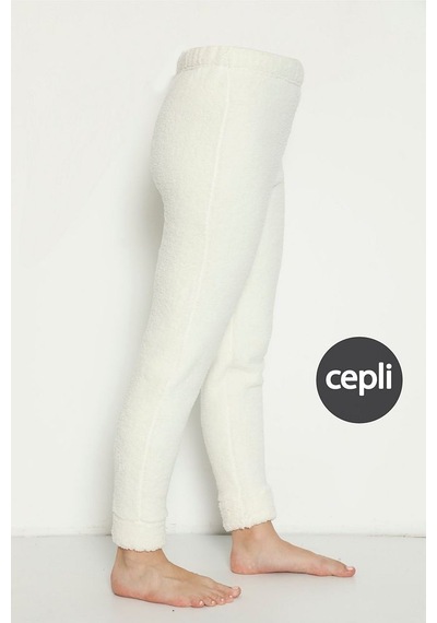 Cepli Lüx Pofuduk Polar Kışlık Pijama Altı Pofcepli Krem