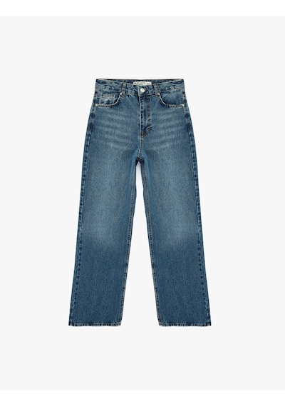 Koton Normal Bel Cepli Düğmeli Düz Paça Bol Kalıp Denim Pantolon - Baggy Jean Orta İndigo 6sal40193md