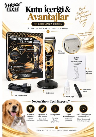 Showtech Experto 5 Devirli Şarjlı Kedi Köpek Tıraş Makinesi - Sessiz Ve Güçlü