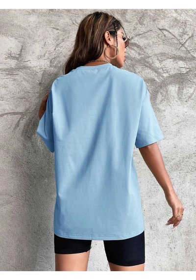 Düz Basic T-shirt - Bebe Mavisi Oversize Bisiklet Yaka Kısa Kol Bebe Mavisi