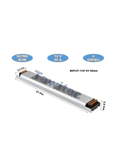 12 Volt Trafo Ultra Silim Alüminyum Kasa Adaptör 4 Çıkış 25 Amper