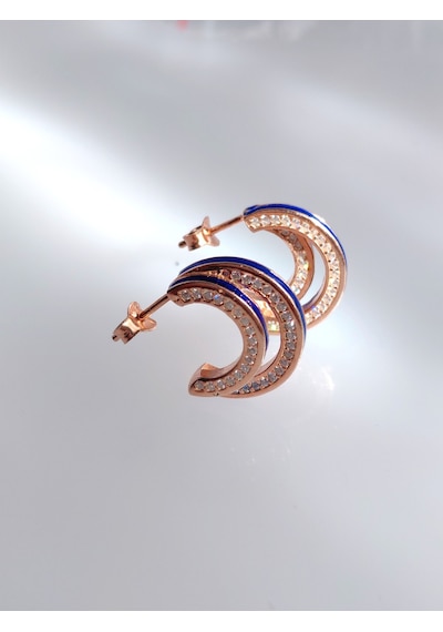 Keskin Gümüş Mavi Basıc Mineli Gold Çift Halka Tasarım Kadın Küpe